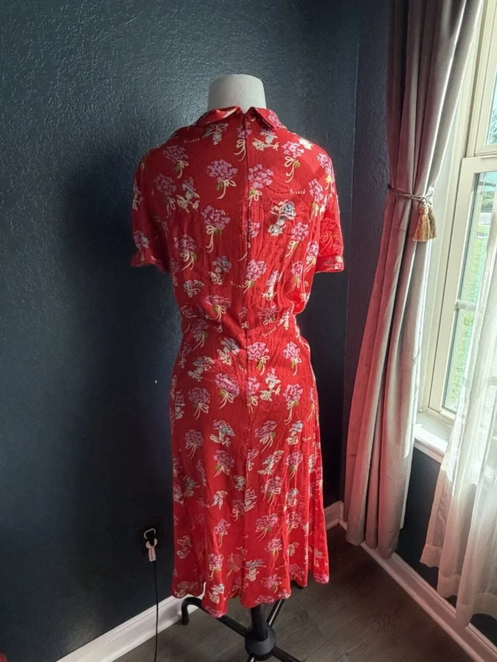 Anna Sui Berard Vintage Tomato Red Floral Dress Sz 6 Short Sleeve 40s inspired - Picture 7 of 12